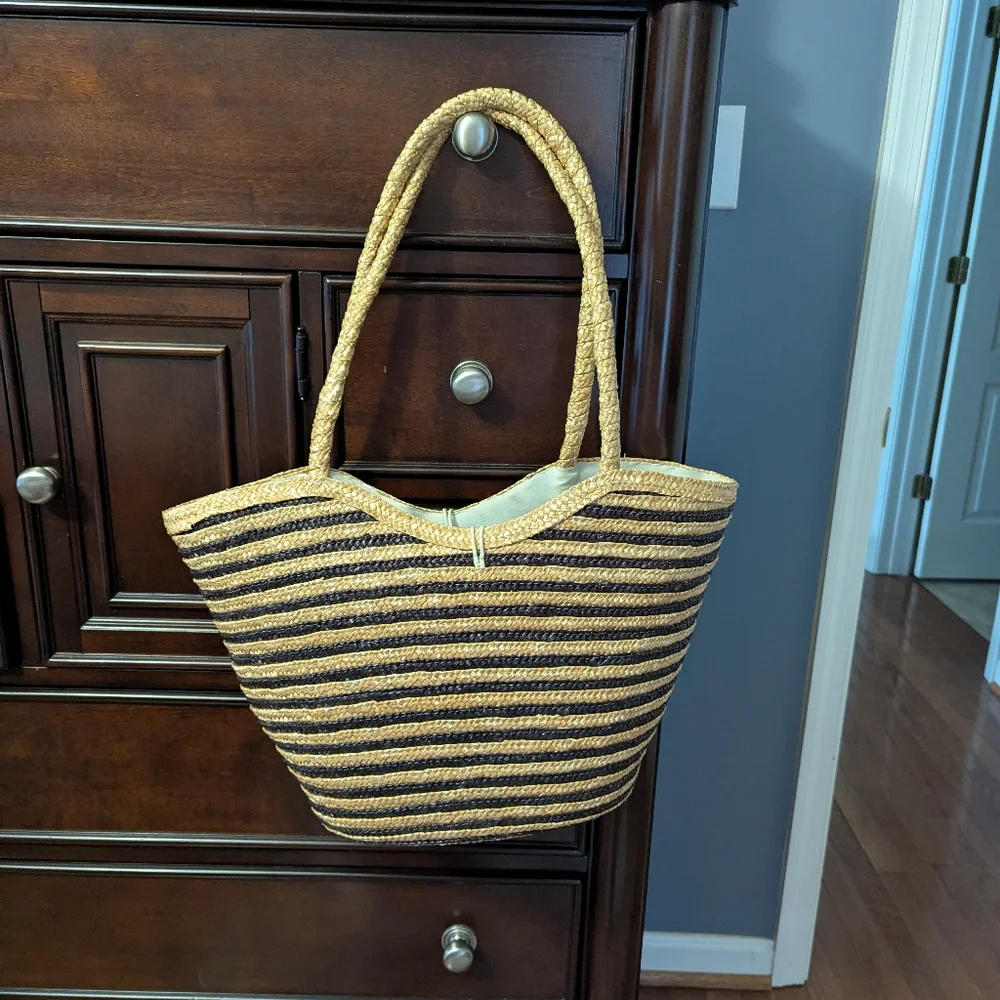 Striped Tan and Black Woven Tote Bag